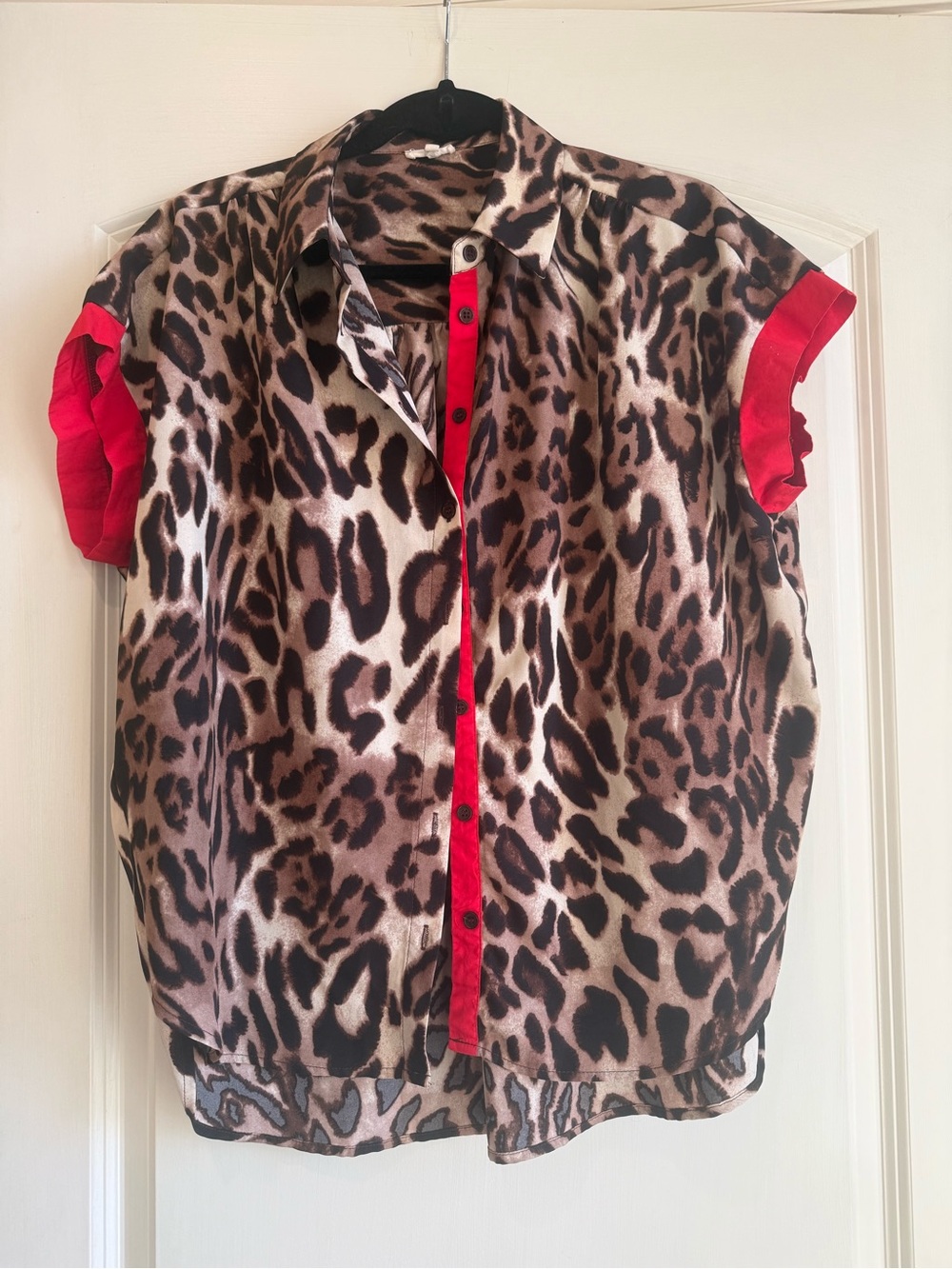 Women’s Leopard Print Short Sleeve Shirt with Red Trim